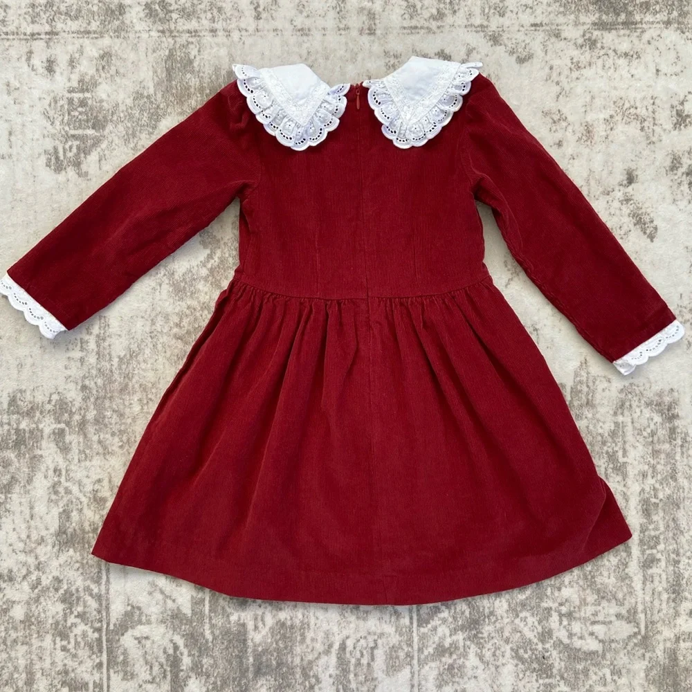 La Coqueta 6Y Girl’s Red Corduroy Dress with White Lace Collar - Picture 9 of 13